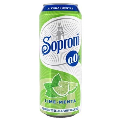Alkoholmentes sör, 0,5 l, dobozos, SOPRONI "0.0%", lime-menta